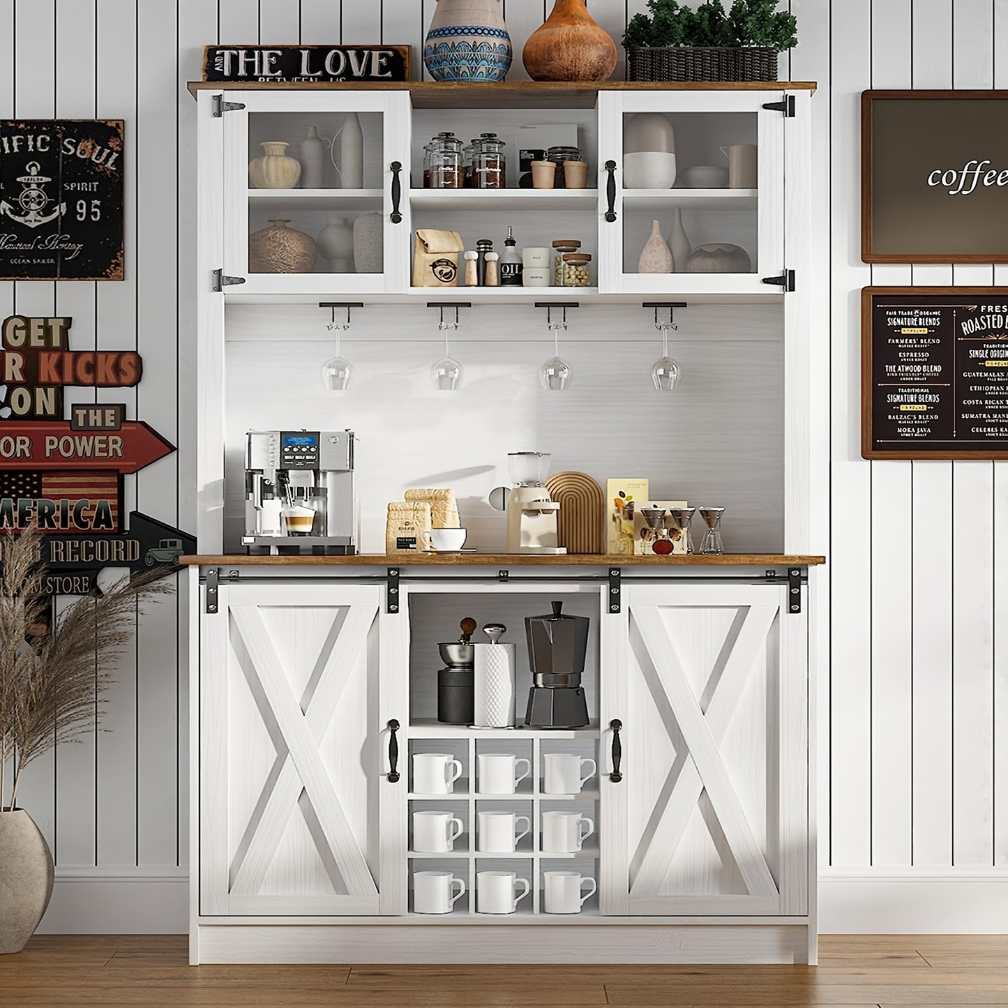 72" Farmhouse Coffee Bar Cabinet With 2 Glass Doors & 9 Wine Racks, Tall Hutch Cabinet With Storage, Wine Bar Cabinet With 4 Row Metal Glass Holder, Display Stands, Risers White