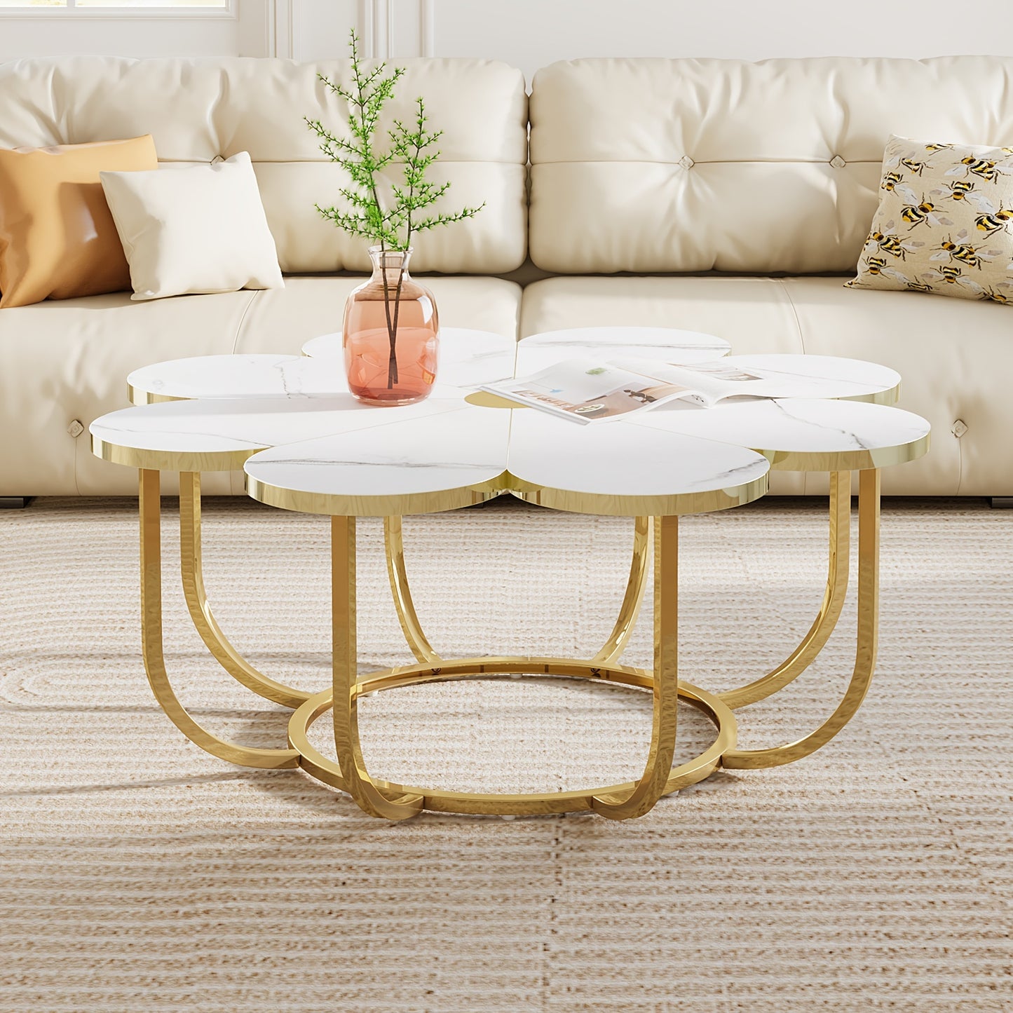 Petal shaped living room central coffee table, modern white Golden decorative table, 39.37 inch floral center table, suitable for living room, bedroom, and lounge, uniquely designed furniture, living room furniture.