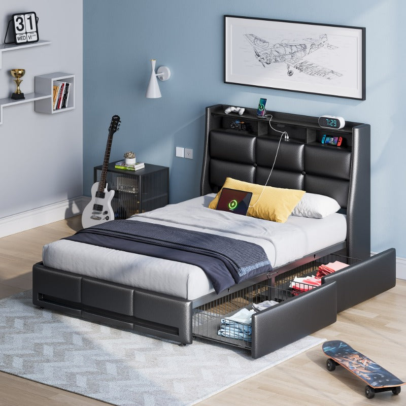 Bed Frame, Storage Headboard with Charging Station & LED Lights Bed Storage Headboard & Drawers, Heavy Duty Wood Slats, Easy Assembly