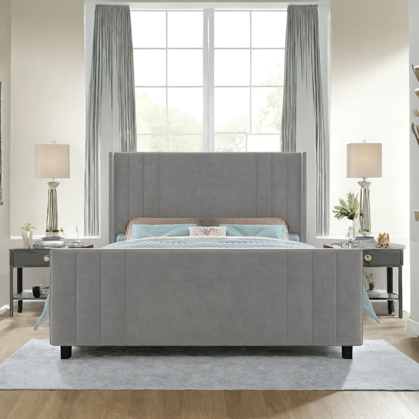 Velvet Upholstered Platform Bedstead with Vertical Channel Tufted Headboard, Footboard and Wingback, Wood Slats Mattress Groundwork, No Box Spring Necessary