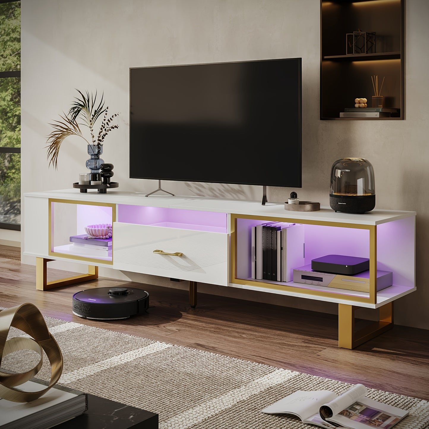 70 Inch TV Stand with LED Lights for Up to 80 Inch TV, High Gloss Entertainment Center with Open Storage And Half-Glass Design Drawer, Modern TV Console Table for Living Room, Sturdy, Easy to Assemble