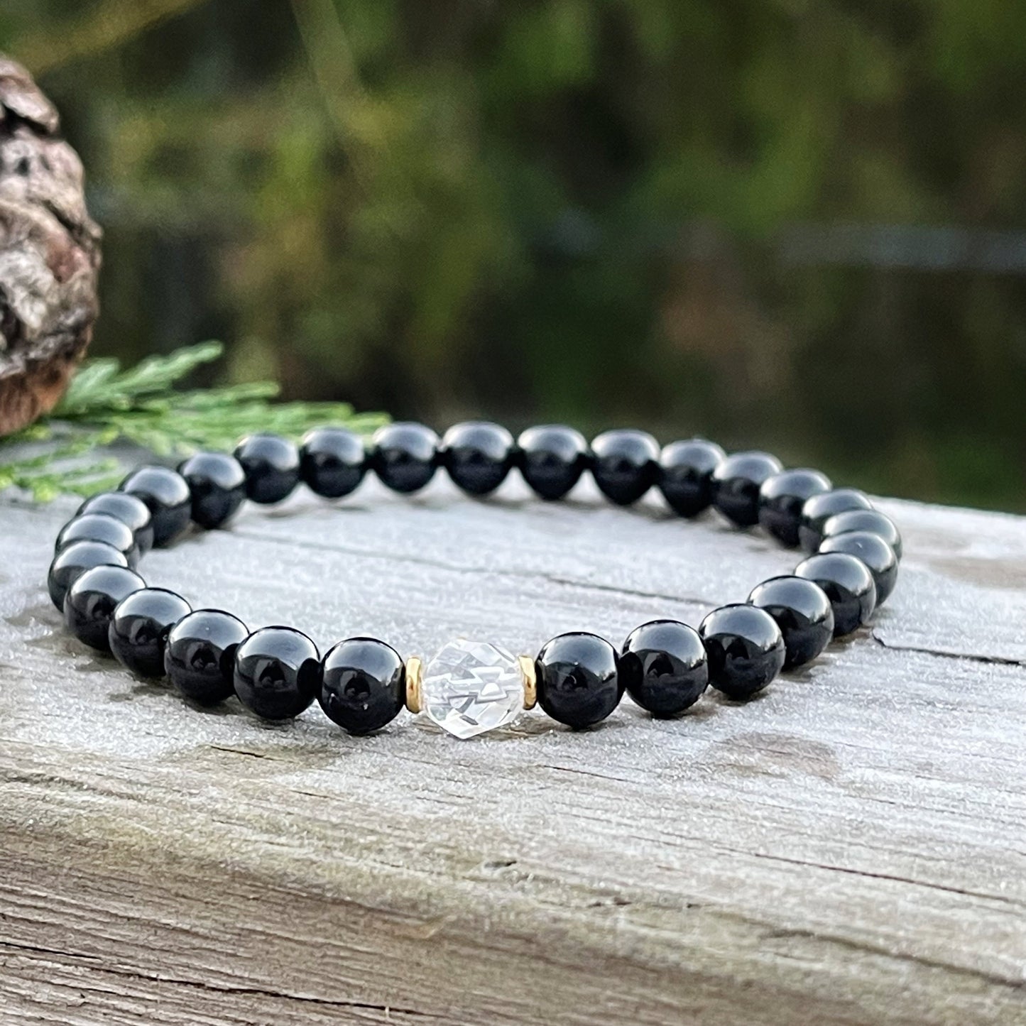 Black Tourmaline Bracelet with Faceted Quartz – Emotional Balance & Amplified Protection Jewelry, 1pc