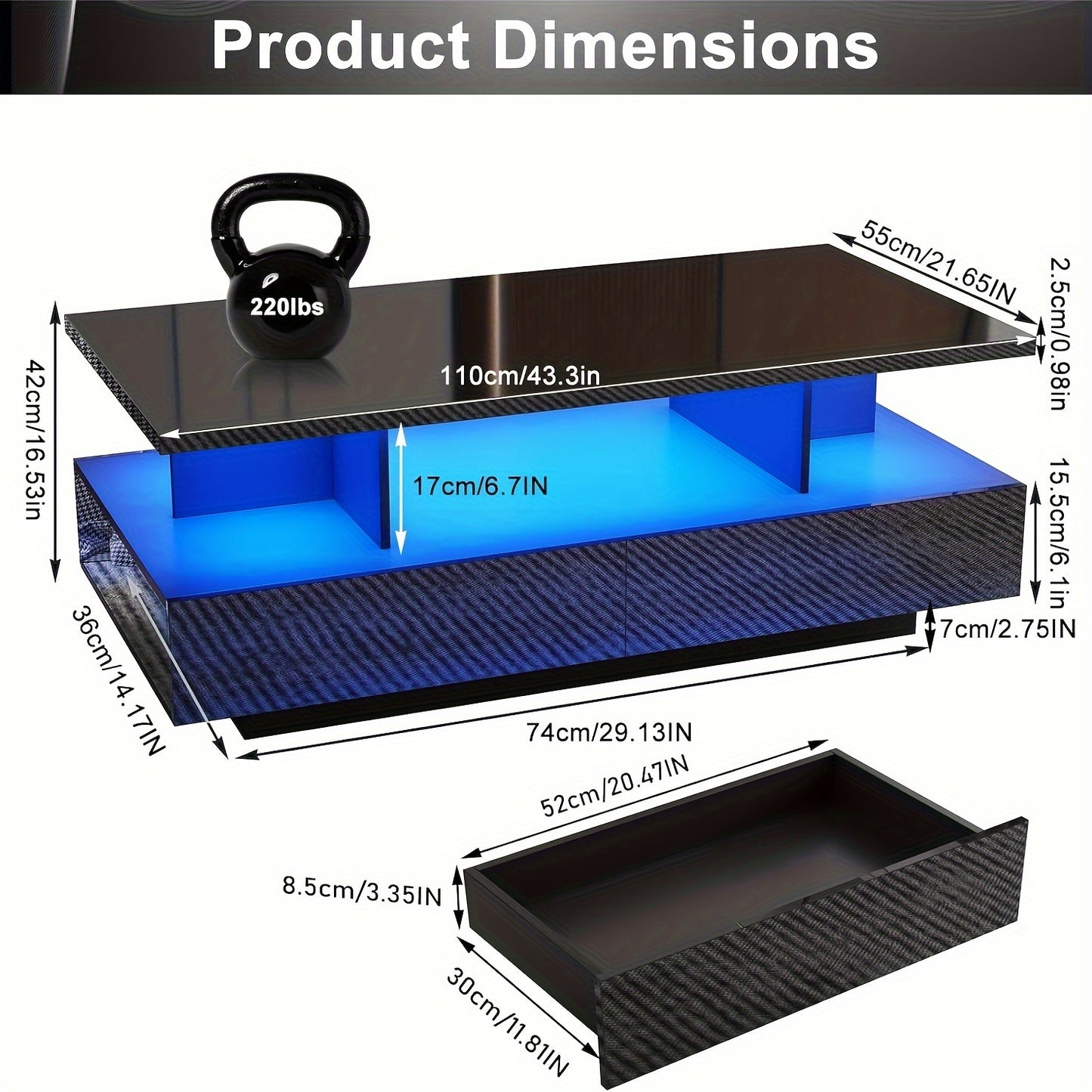 LED Coffee Table w/ 2 Storage Drawers, App Control, High Glossy Modern Black Coffee Table w/60, 000-Color Lights, Rectangle 2-Tier Center Table w/Display Shelf for Living Room