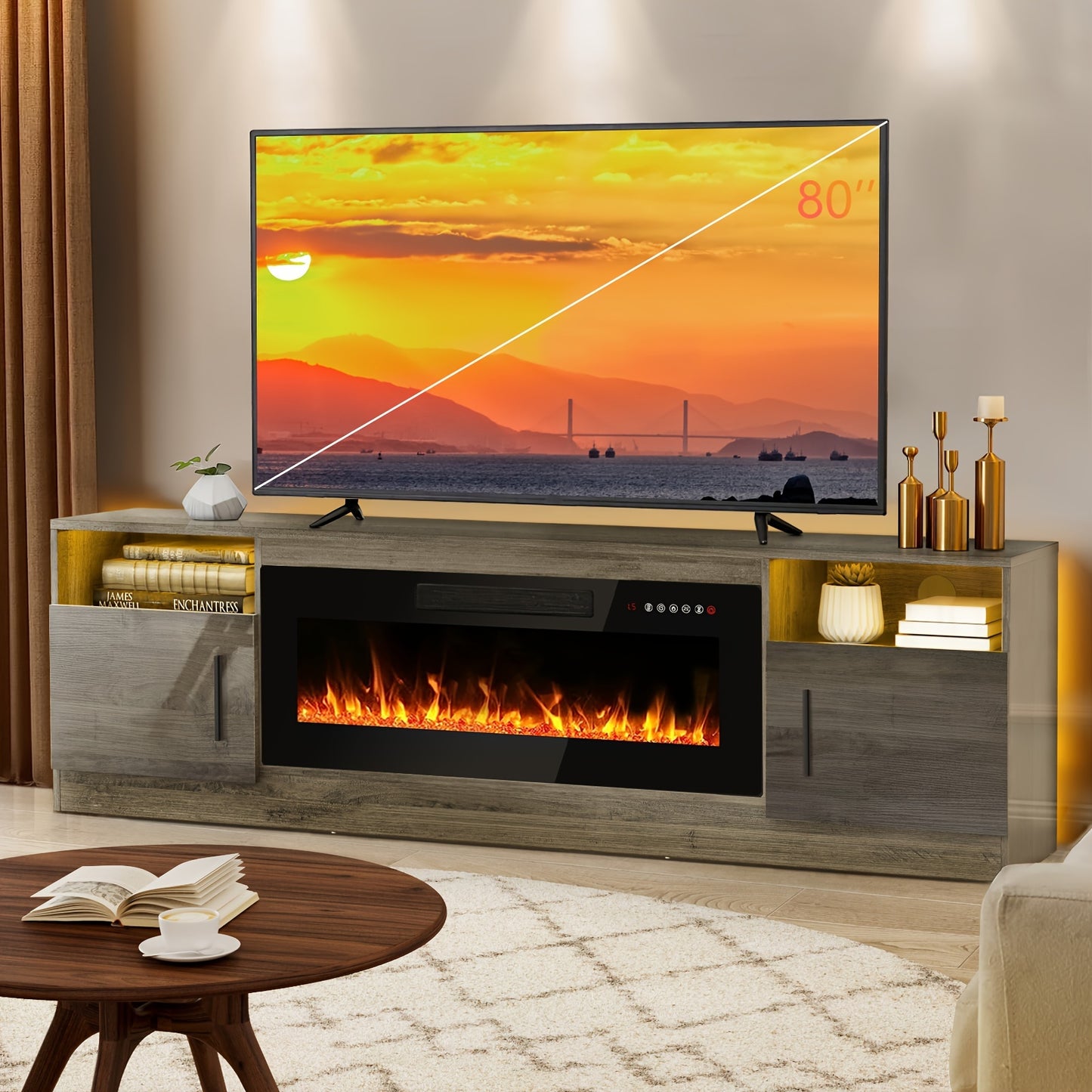 Lemberi Fireplace tv Stand with 36 inch Fireplace Up to 80" TVs, LED Light Entertainment Center and Storage, 70" Modern Wood Media TV Console with Highlight Cabinet for Living Room