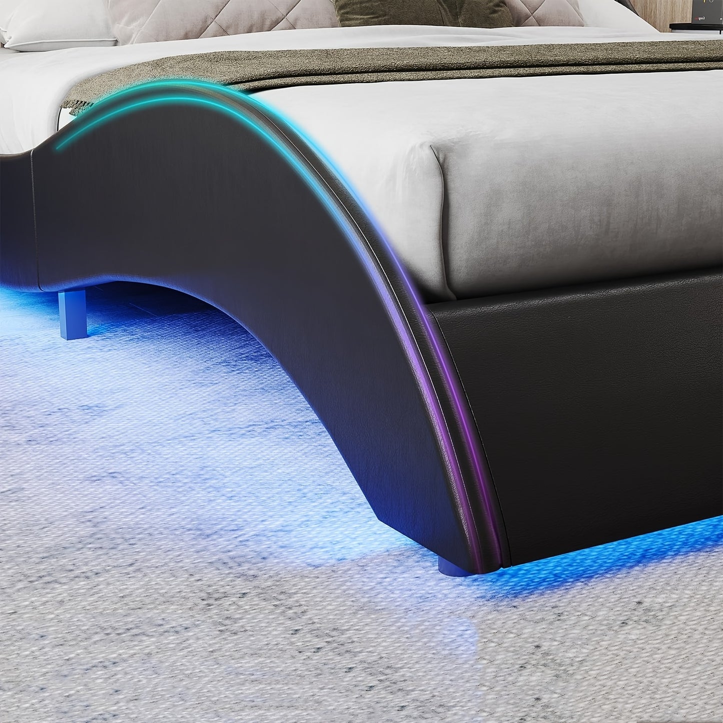 Modern Black Bed Frame with RGB LED Lights, USB & Type-C Ports - Easy Assembly, Faux Leather Wave Design Headboard