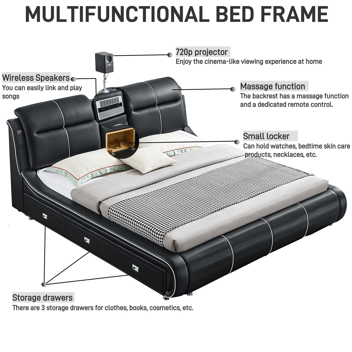 Luxury King Size Smart Bed Frame with 720P Projector, Massage, USB Ports,Music Speaker， Storage Drawers & Adjustable Headboard - Black