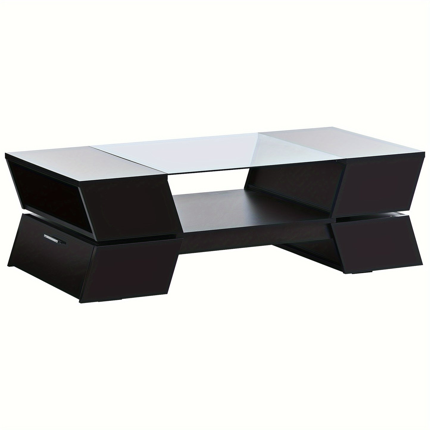 1pc Glass-Top Coffee Table, With Open Shelves And Cabinets, Geometric Style Cocktail Table With Great Storage Capacity, Modernist 2-Tier Center Table For Living Room