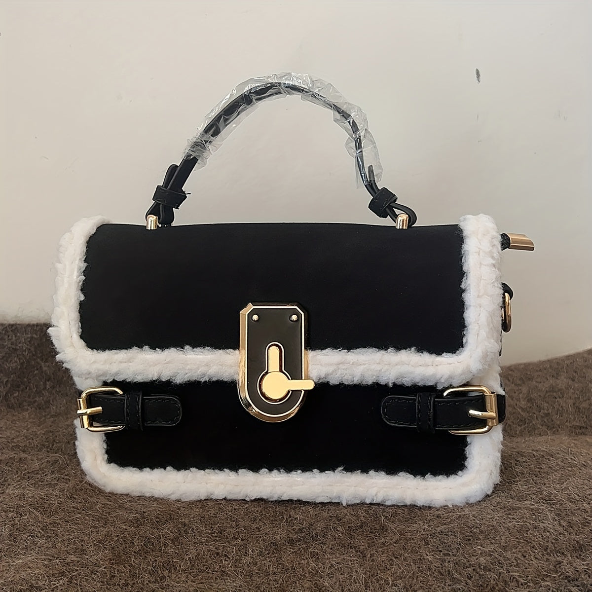 Chic Vintage Black Plush Handbag - Versatile Faux Suede Crossbody Bag with Adjustable Strap, Large Capacity, Lock Closure - Perfect for Everyday & School