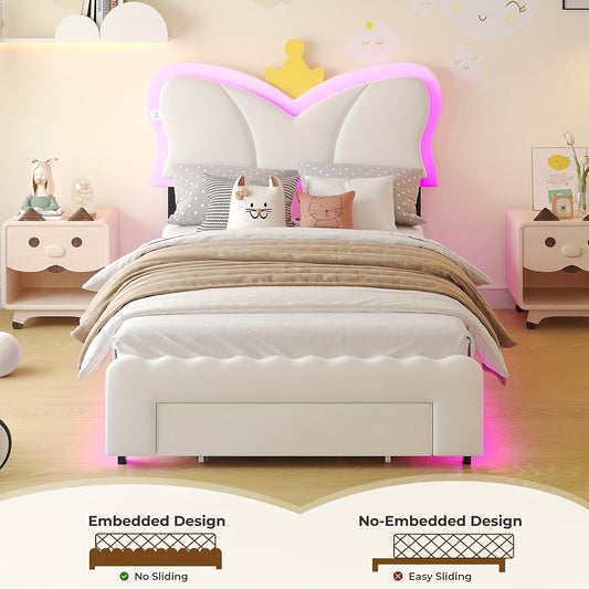 Twin Size Bed Frame With Storage Drawer LED Velvet Bed Frame Cute Girl Princess Twin Bed Butterfly Headboard Design No Box Spring Needed White