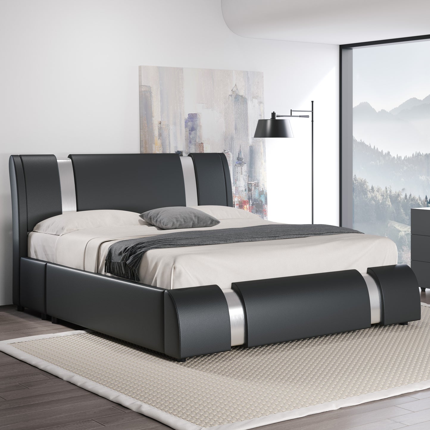 HOOMIC Modern Faux Leather Bed Frame With Iron Pieces Decor, Low Profile Platform Bed With Height-Adjustable Headboard, Solid Wood Slat Support, No Box Spring Needed