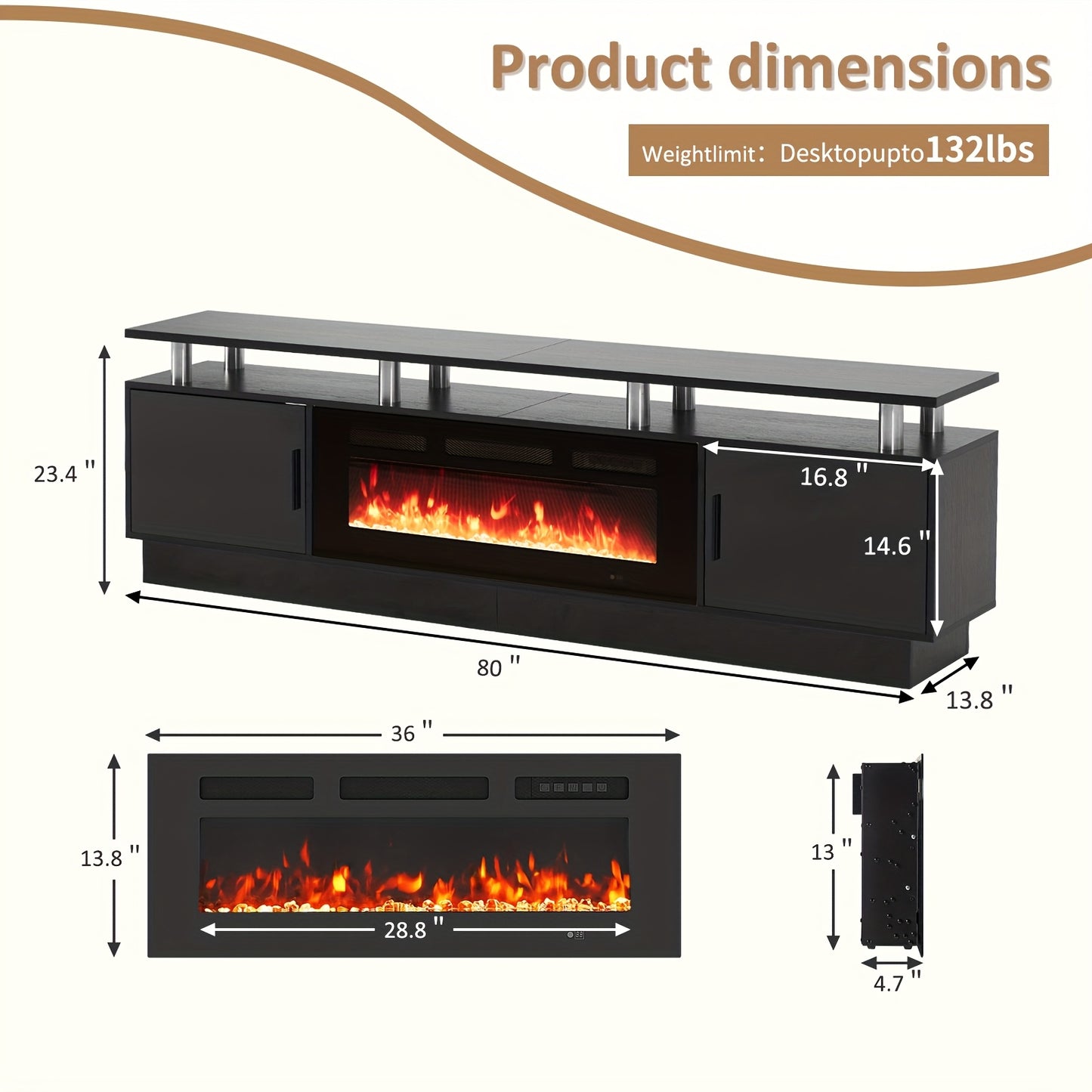 Luxury 80" Black Electric Fireplace TV Stand for Up to 90" TVs, LED Flame Effect & High-Gloss Finish, Modern Entertainment Center with Ample Storage, Easy Assembly