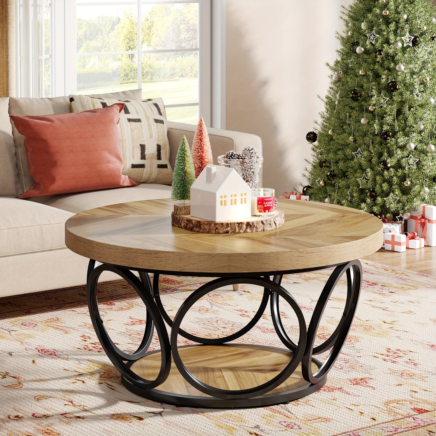 Coffee Table For Small Space, 31.5" Round Wood Center Table, Farmhouse Large Circle Coffee Tables With 2-Tier Storage, Modern Simple Brown Tea Table