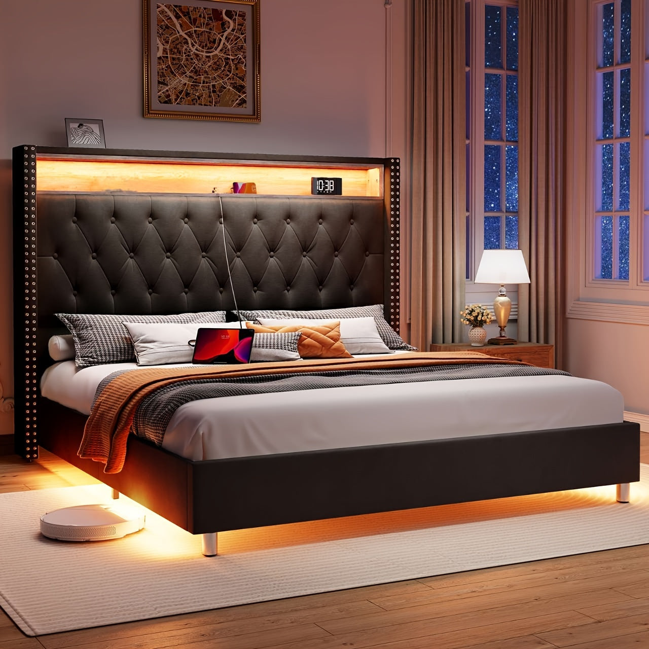 LUXOAK Queen Bed Frame Boasting LED Charging Station And Motion-Responsive Night Lights, Velvet-Covered Tall Platform Base With Wingback-Style Headboard - Box Spring-Free Assembly