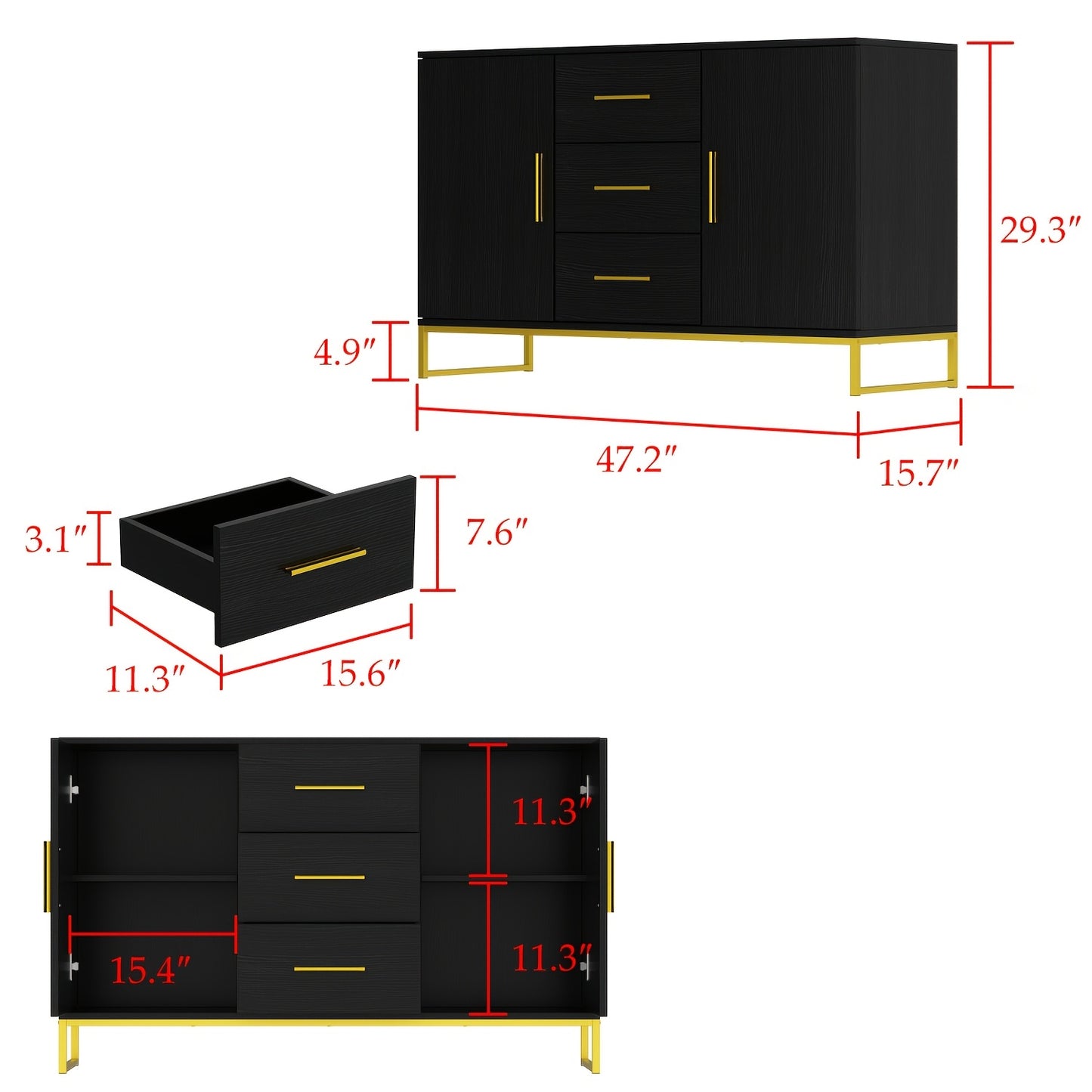 ECACAD 47" Modern Black Buffet Sideboard with Golden Accents, 2 Doors & 3 Drawers - Spacious Storage and Display Cabinet for Kitchen, Living Room, Home Office, Kitchen Decor