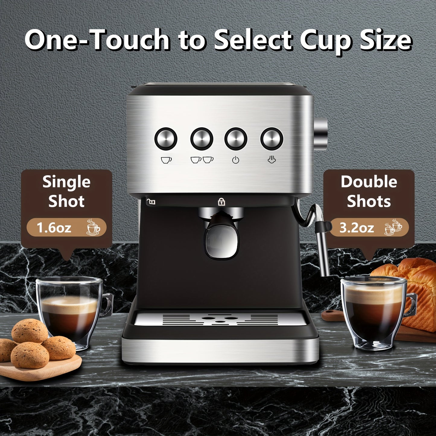 20 Bar Espresso Machine, Stainless Steel Espresso Coffee Machine For Cappuccino, Latte, Automatic Espresso Machine With 1.5L Removable Water Tank, Powerful Steam Wand, Built-In Milk Frother, One-Touch Single Or Double Shot