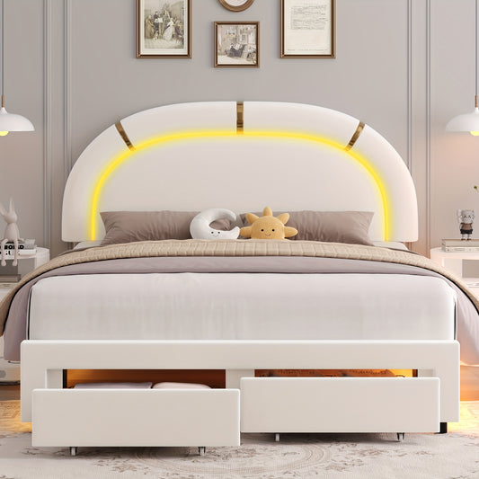 FULTRU LED Bed Frame with 2 Storage Drawers, Modern Smart Faux Leather Upholstered Platform Bed Frame with Adjustable Semicircle Headboard