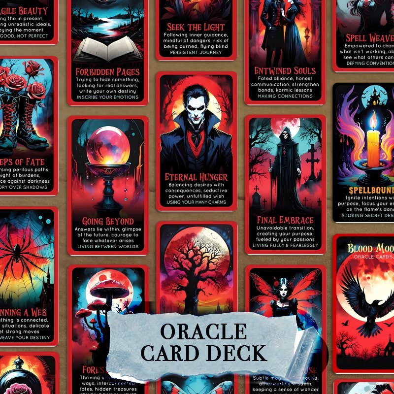 Blood Moon Oracle Cards - 40pcs Gothic Red & Black Halloween Deck with Meanings, Perfect Beginner's Guide for Friends and Family