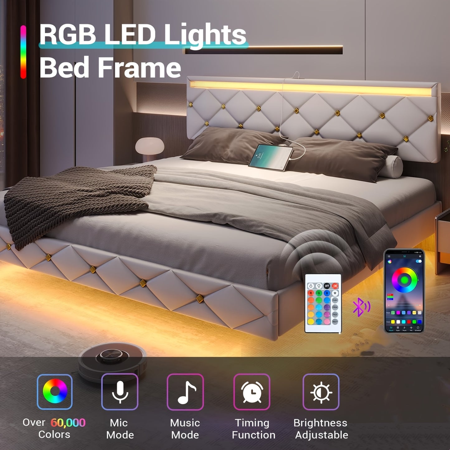 King Bed Frame With LED Light And USB Port, LED Bed Frame With Headboard Faux Leather Low Profile Floating Bed Frame, White