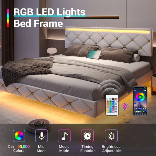 King Bed Frame With LED Light And USB Port, LED Bed Frame With Headboard Faux Leather Low Profile Floating Bed Frame, White