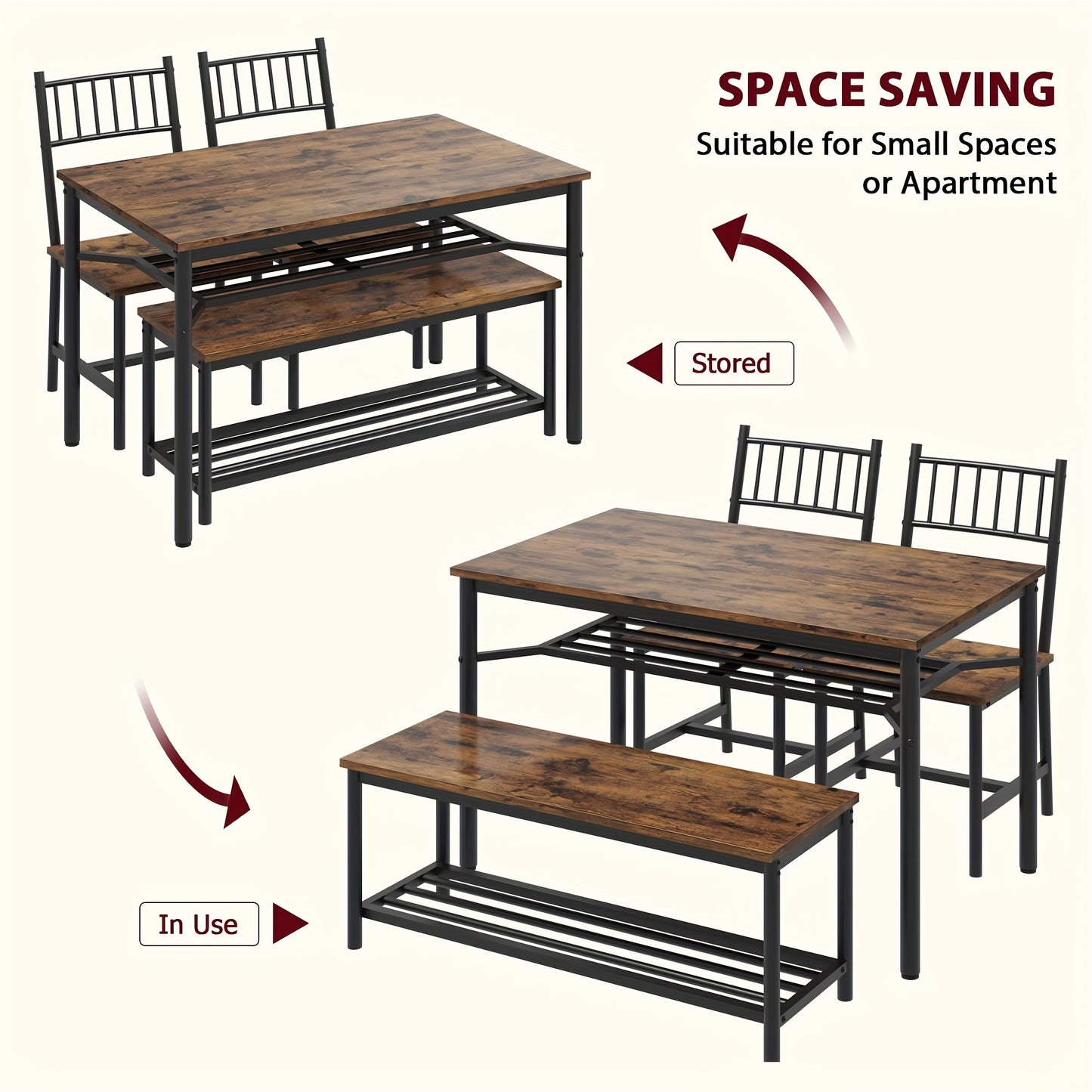 Dining Table Set For 4, Kitchen Table And Chairs For 4 With Storage Bench, Rectangular Kitchen Table Set With Wine Rack, Dining Room Table Set For Small Space, Apartment, Retro Brown