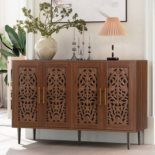 Home Relaxation, Elegant Vintage Wooden Accent Cabinet with Ornate Carvings and Golden Handles - Rustic Natural Wood Finish, Tall Dresser with Storage for Living Room, Kitchen, Dining Area, Entryway, Hallway, Dining Room Side