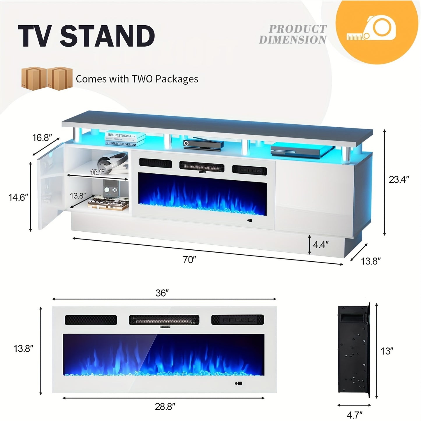 Fireplace TV Stand With 36" Electric Fireplace, 70" 2 Tier TV Console Stand For TVs Up To 80", LED Light Entertainment Center, Fireplace For The Living Room TV Stand, White