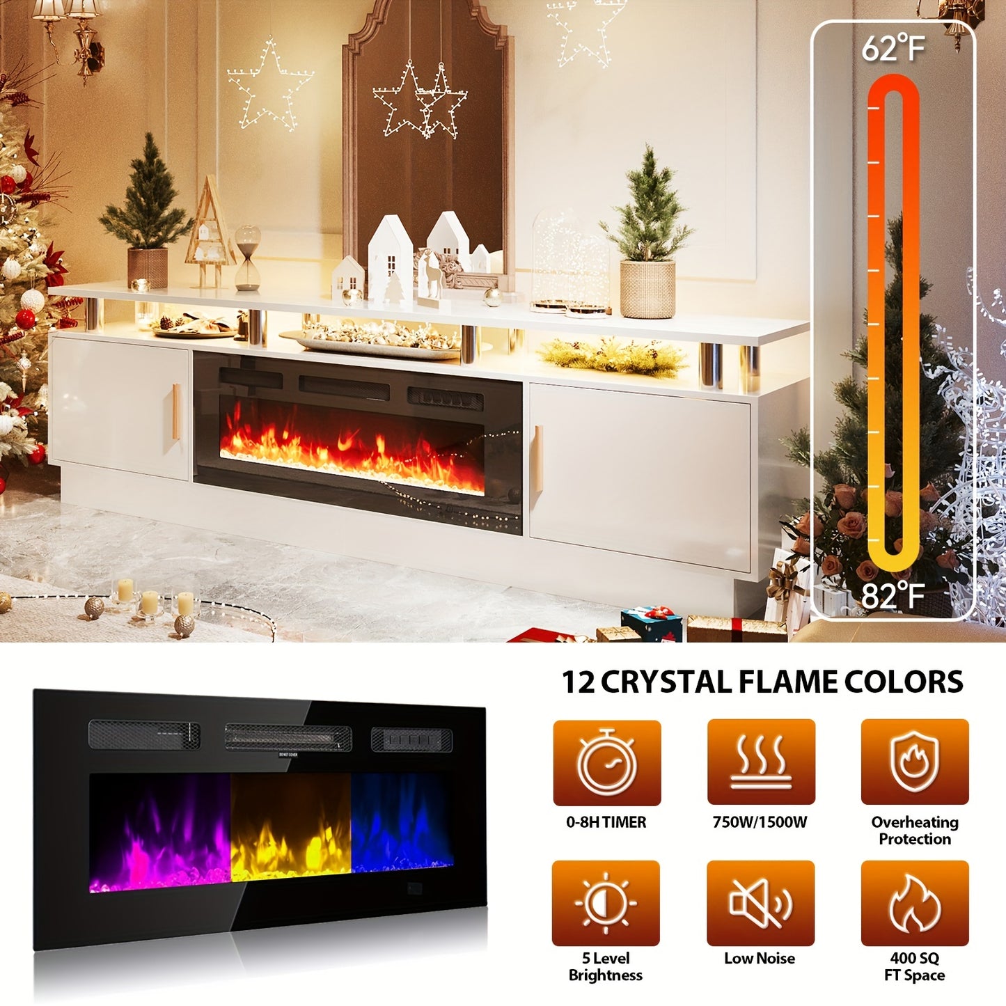 70"/80" Modern Electric Fireplace TV Stand For TVs Up To 80 Inch, With Electronic Flame And LED Lights, Luxury High Gloss Finish Entertainment Center For Living Room, White