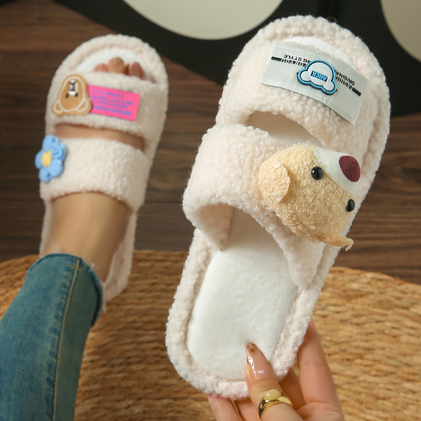 New Autumn And Winter Women'S Fluffy Slippers Designed in Dopamine Colors with Cartoon Bear Patches And Flat Non-Slip Soles.