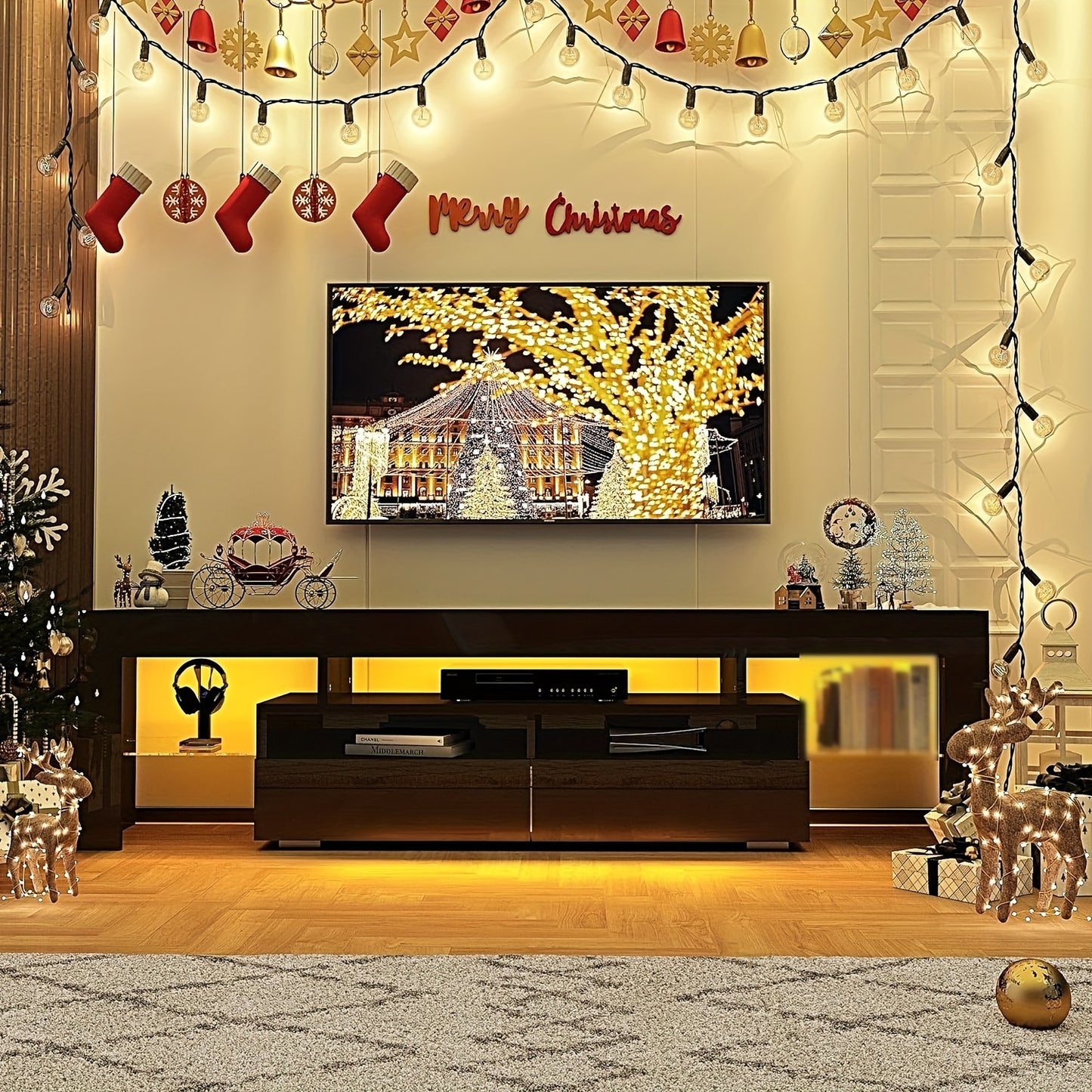 Modern LED TV Stand for Living Room, Black TV Stand, High Gloss TV Entertainment Center with Storage Drawer, APP RGB Light, TV Console