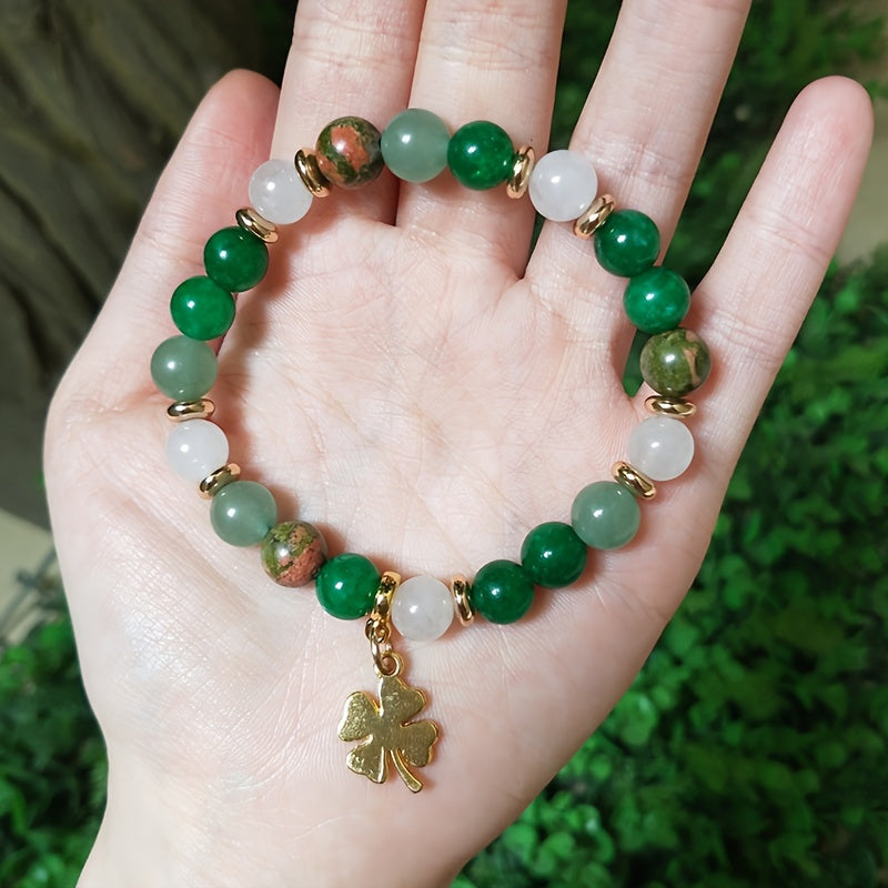 1pc Green Aventurine & Chrysocolla Beaded Bracelet with Four-Leaf Clover Charm, Natural Stone Prosperity Jewelry, Vintage Bohemian Style, St. Patrick'S Day & Thanksgiving Gift, Unisex Elegant Accessory