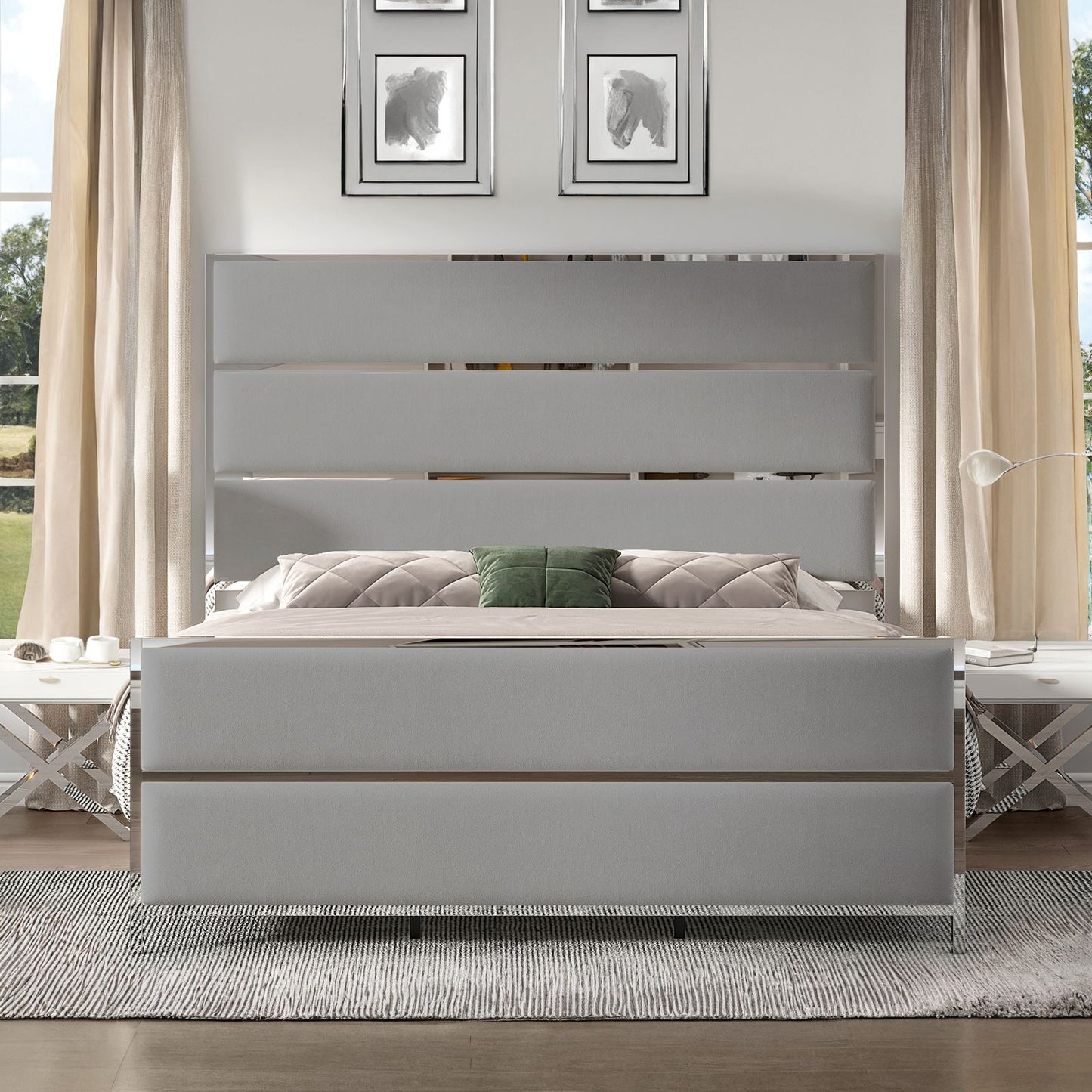 A Velvet Upholstered Platform Bed Frame comes with a 59" Tall Headboard and Footboard, emphasized by Silver Mirrored Plating - and a Box Spring is not necessary