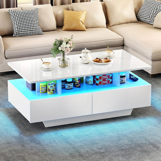 Xelsyo Modern LED Coffee Table with RGB Light System, 20 Colors & 4 Modes, High Gloss Finish, Double-Layer Storage & 4 Drawers, Suitable for Office, Living Room, 21.7"D X 35.4"W X 16.2"H