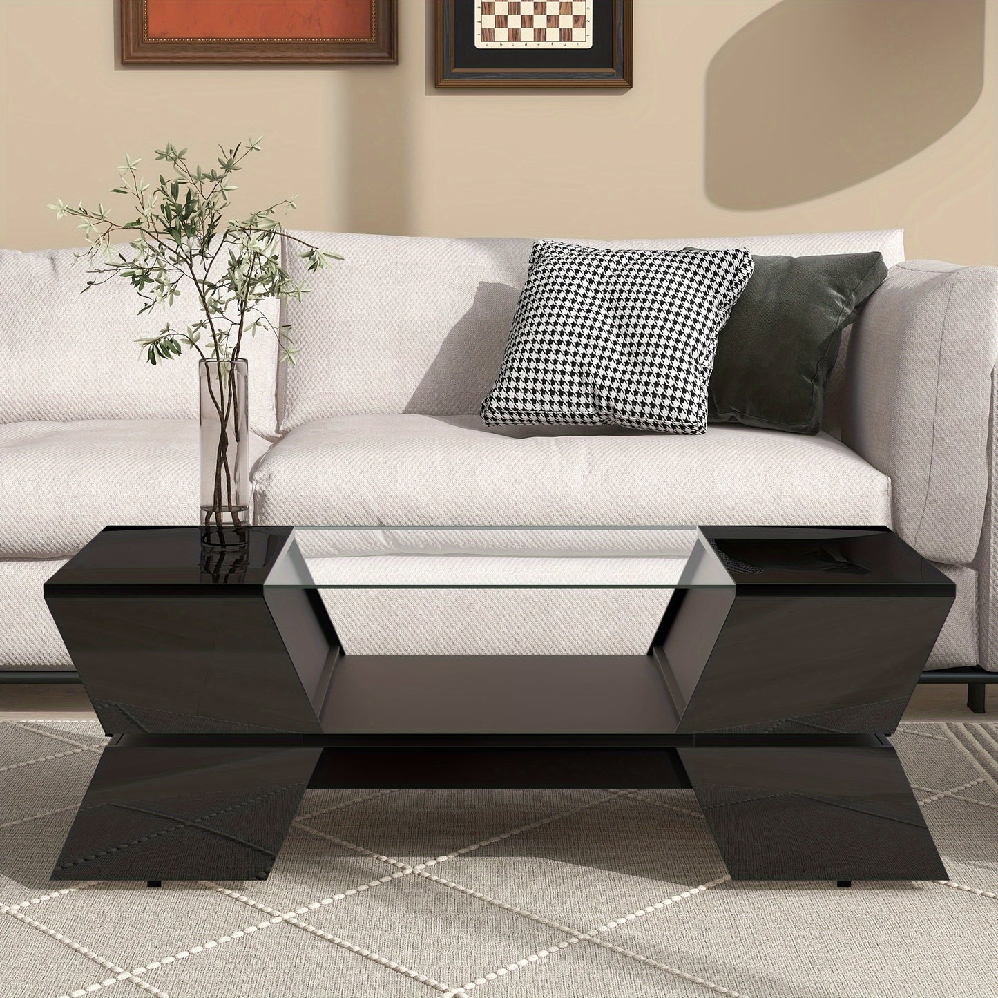 1pc Glass-Top Coffee Table, With Open Shelves And Cabinets, Geometric Style Cocktail Table With Great Storage Capacity, Modernist 2-Tier Center Table For Living Room