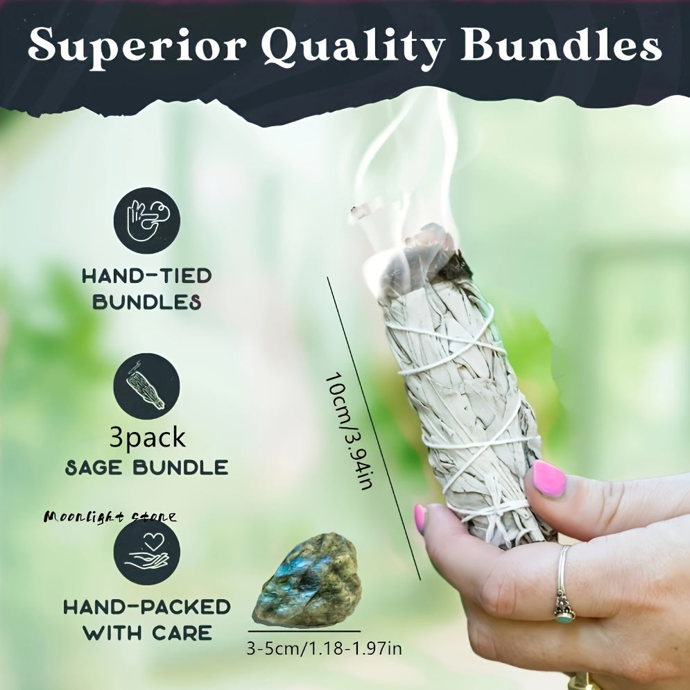 1set White Sage Bundles With Natural Moonstone Gem For Home Cleansing, Smudging, Bohemian Crystal Kit For Rituals