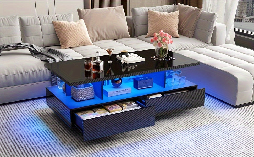 LED Coffee Table w/ 2 Storage Drawers, App Control, High Glossy Modern Black Coffee Table w/60, 000-Color Lights, Rectangle 2-Tier Center Table w/Display Shelf for Living Room