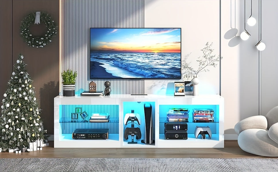 LED TV Stands W/60, 000-Colors Lights&6.5ft Power Outlet For 55 60 65 70inch TV, Modern High Gloss LED Black Entertainment Center W/Adjustable Shelves For Living Room Gameroom/Bedroom