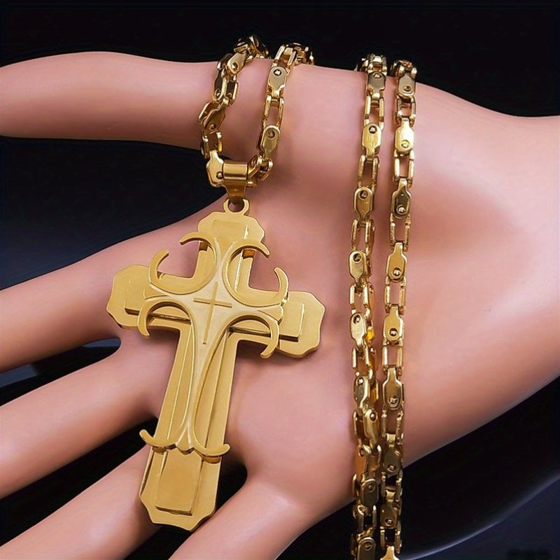 A Hip-hop Punk Double-layer Stainless Steel Cross Pendant Necklace For Men, Punk Jewelry Christmas Gift