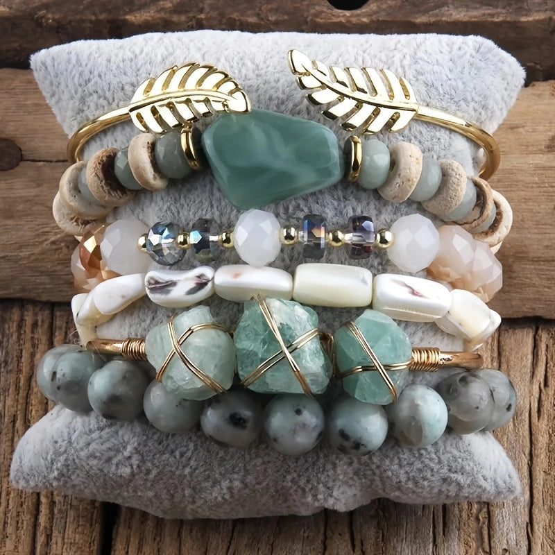 5pcs Boho Elegant Stackable Beaded Bracelet Set, Handmade Multi-Layer Synthetic Zirconia & Natural Stone, April Birthstone, Ideal for Daily Wear & Thanksgiving Gift