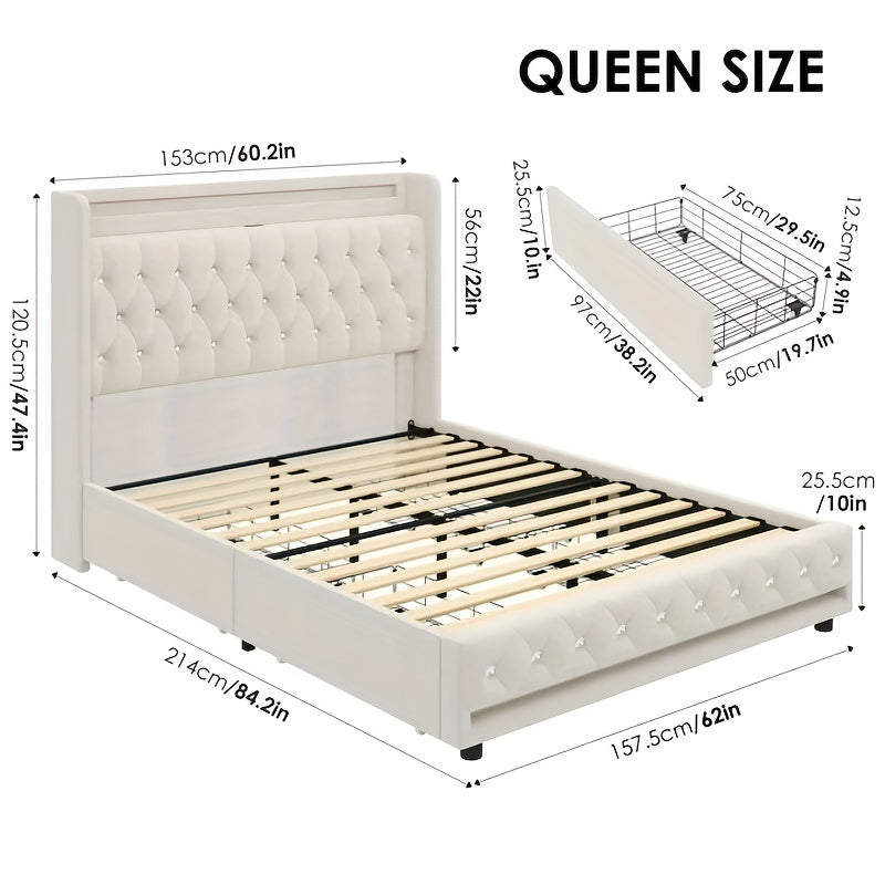 FULTRU Bed Frame with Outlets and USB Ports, Headboard & Footboard with LED, 4 Storage Drawers Modern Wingback Crystal Button Tufted Velvet Upholstered Platform Bed Frame