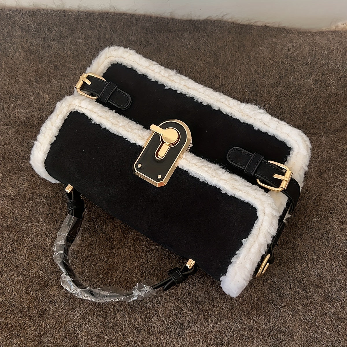 Chic Vintage Black Plush Handbag - Versatile Faux Suede Crossbody Bag with Adjustable Strap, Large Capacity, Lock Closure - Perfect for Everyday & School