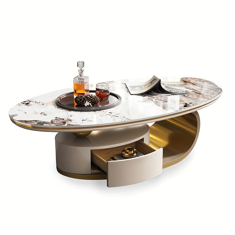 Luxury Modern Oval Coffee Table, High And Low Design, Metal And Faux Marble With Drawer