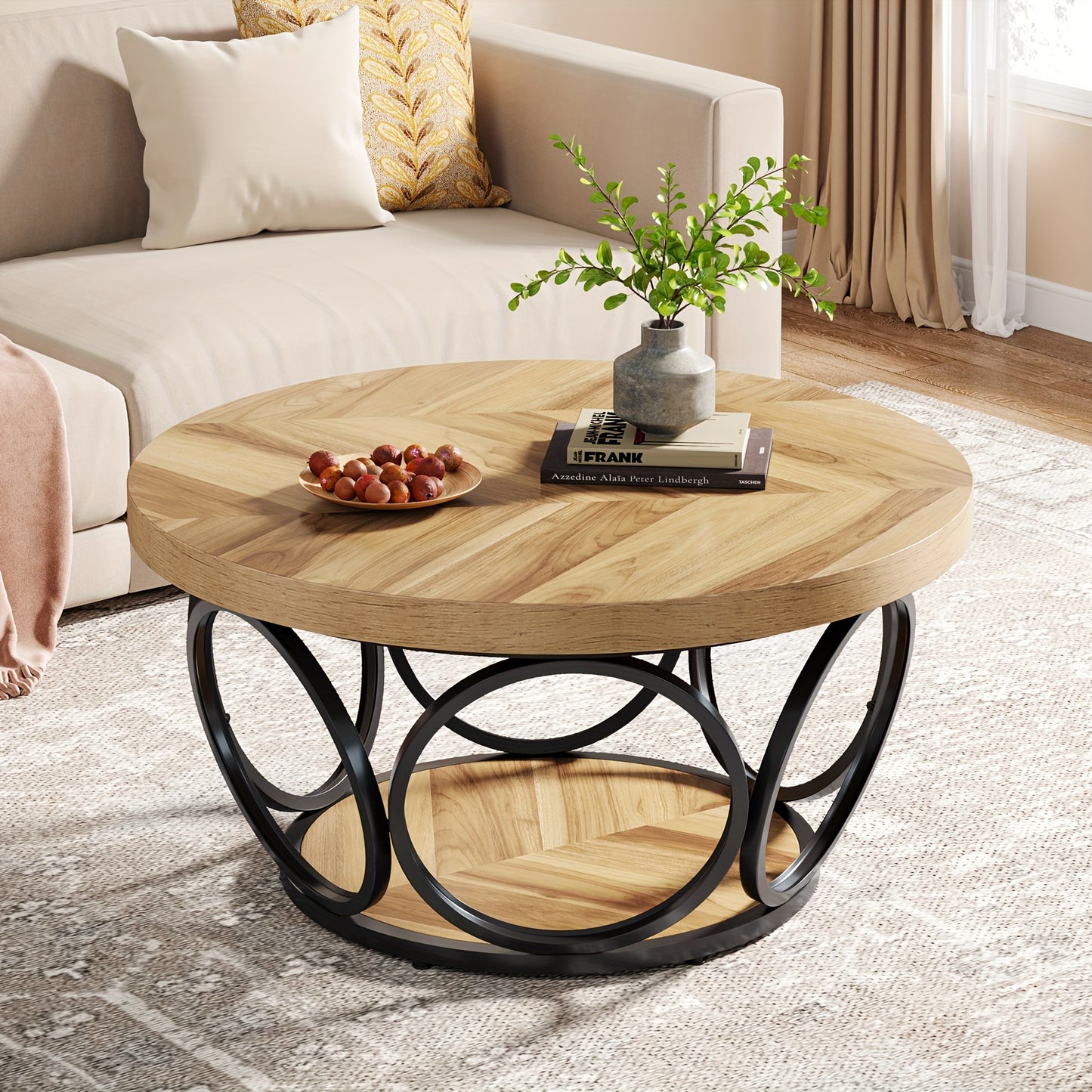 Coffee Table For Small Space, 31.5" Round Wood Center Table, Farmhouse Large Circle Coffee Tables With 2-Tier Storage, Modern Simple Brown Tea Table