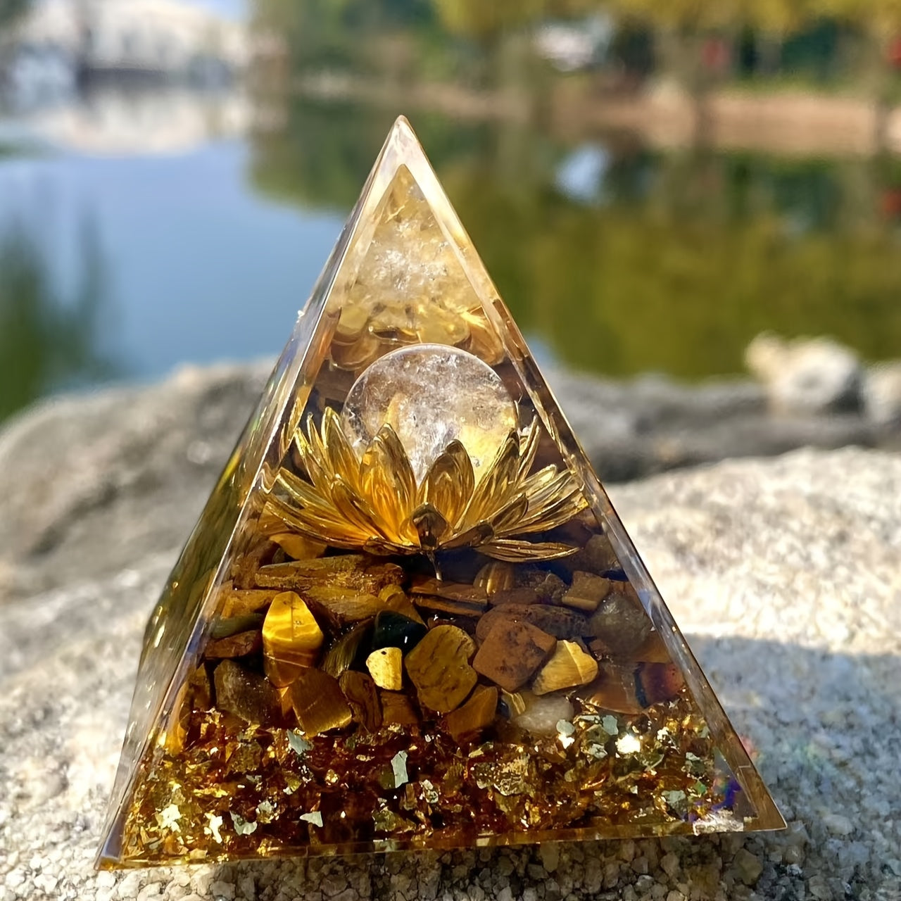 1pc Orgone Abundance Pyramid with Tiger's Eye & White Crystal - Attract Wealth, Prosperity & Success | Sparkling Golden Glitter Accents for Positive Energy & Spiritual Growth | Ideal for Home Decor & Good Luck Charm