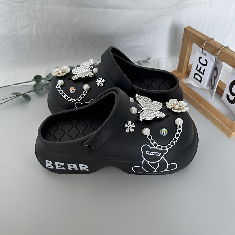 Casual Cartoon Bear Pattern Mules & Clogs for Women, Breathable EVA Platform Heel Clogs with Bow Embellishment, Versatile Indoor/Outdoor Fashion Footwear - Quanzhou Manufactured