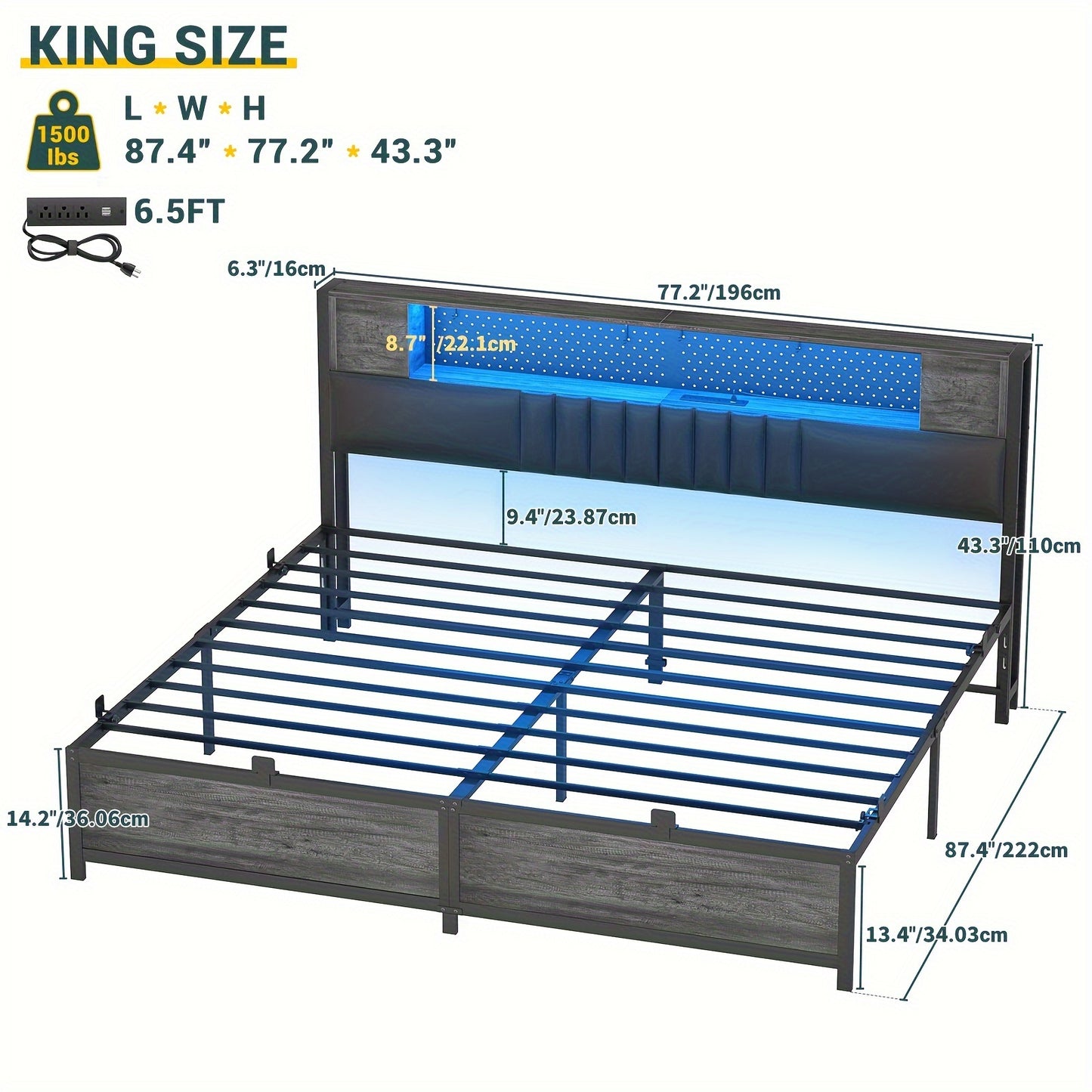 Unikito King Size Bed Frame with LED Light & Power Outlets, Platform Full Size Bed with Upholstered Headboard and Storage, Sturdy Metal Slats Support, No Box Spring Needed, Easy Assembly, Noise-Free, Dark Black Oak