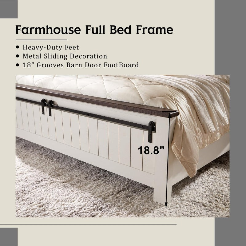 Farmhouse Full Size Bed Frame with 47" Headboard Wood Bed Frame with Groove Sliding Barn Door Footboard Platform Bed with Wood Slats Support No Box Spring Needed