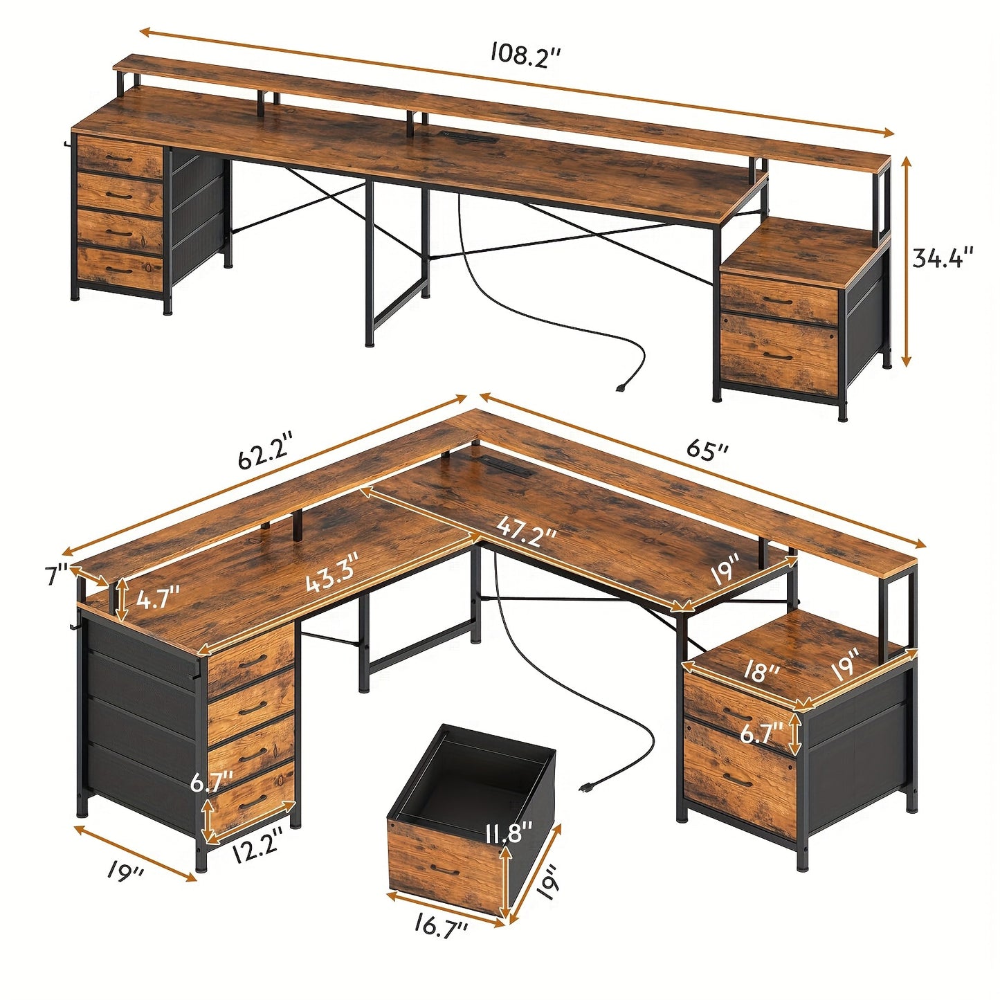 65"×62.2" L Shaped Desk with 6 Drawers and Full Size Monitor Stand, 108.2" Two Person Desk with LED Lights and Power Outlets for Home Ofiice, Rustic Brown