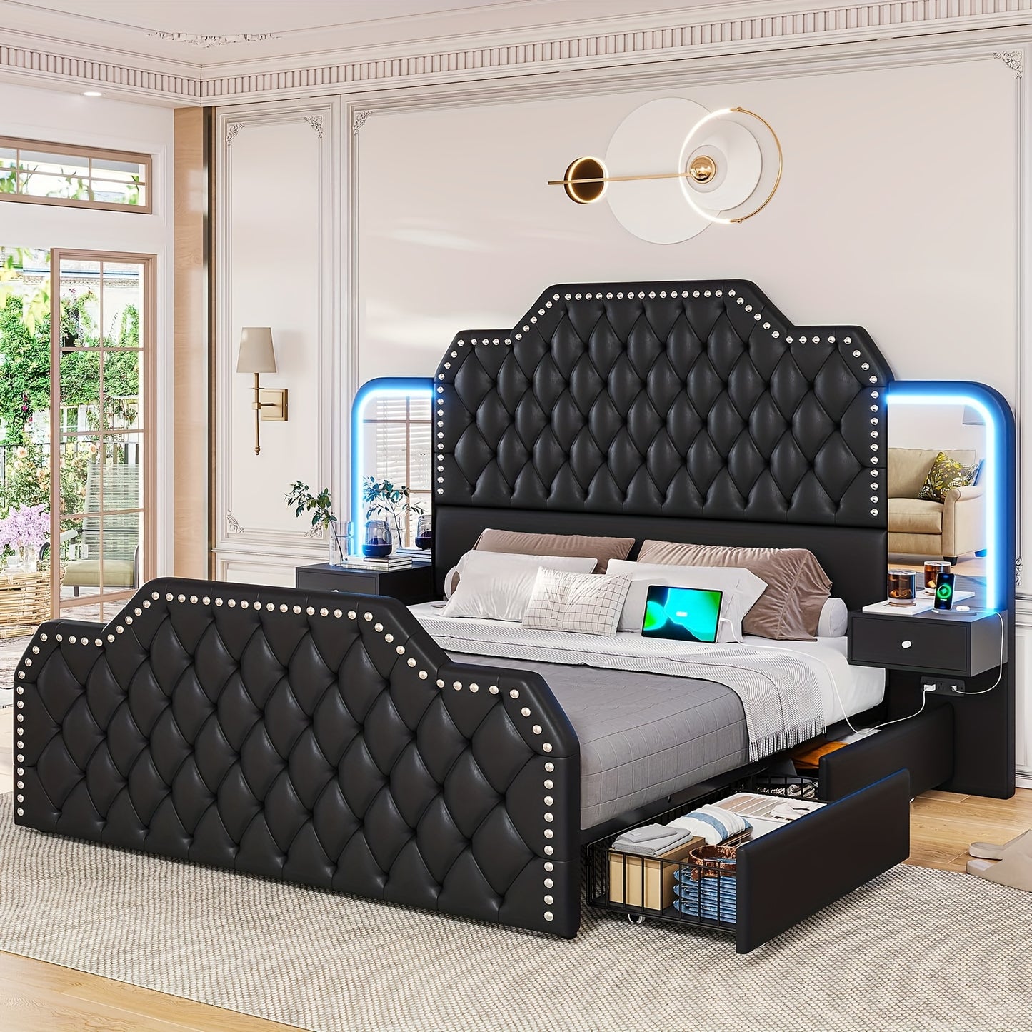 Queen Size Bed Frame with Headboard and 4 Storage Drawers, Modern Platform Bed Frame with 2 Mirrored Bedside Tables