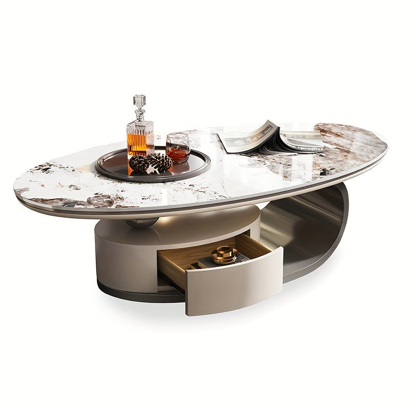 Luxury Modern Oval Coffee Table, High And Low Design, Metal And Faux Marble With Drawer