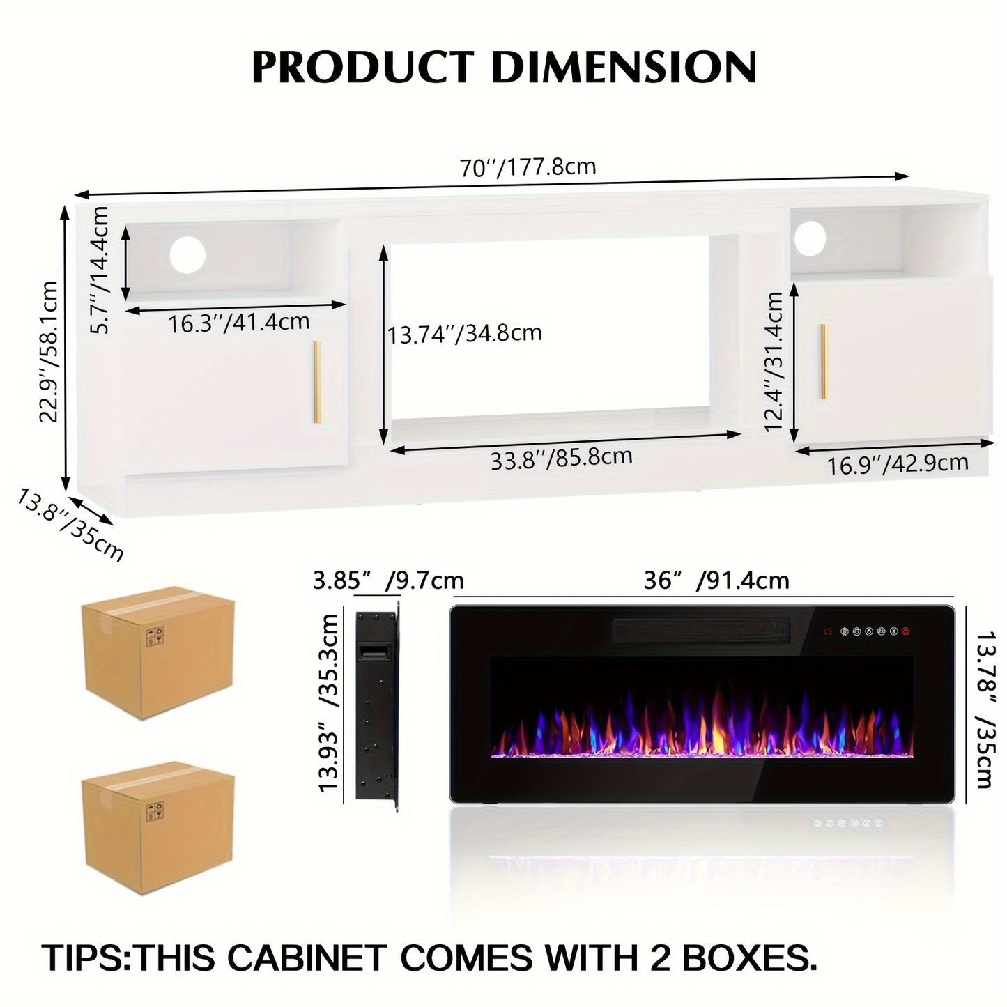 Lemberi Fireplace tv Stand with 36 inch Fireplace Up to 80" TVs, LED Light Entertainment Center and Storage, 70" Modern Wood Media TV Console with Highlight Cabinet for Living Room